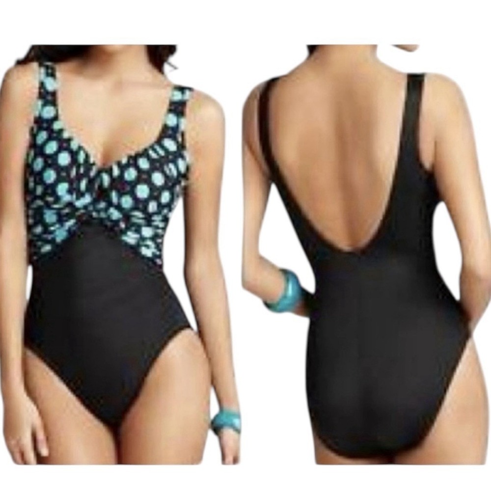 MiracleSuit Sandra D One Piece Swimsuit Size 14 Teal Aqua Blue Black‎ Polka Dot